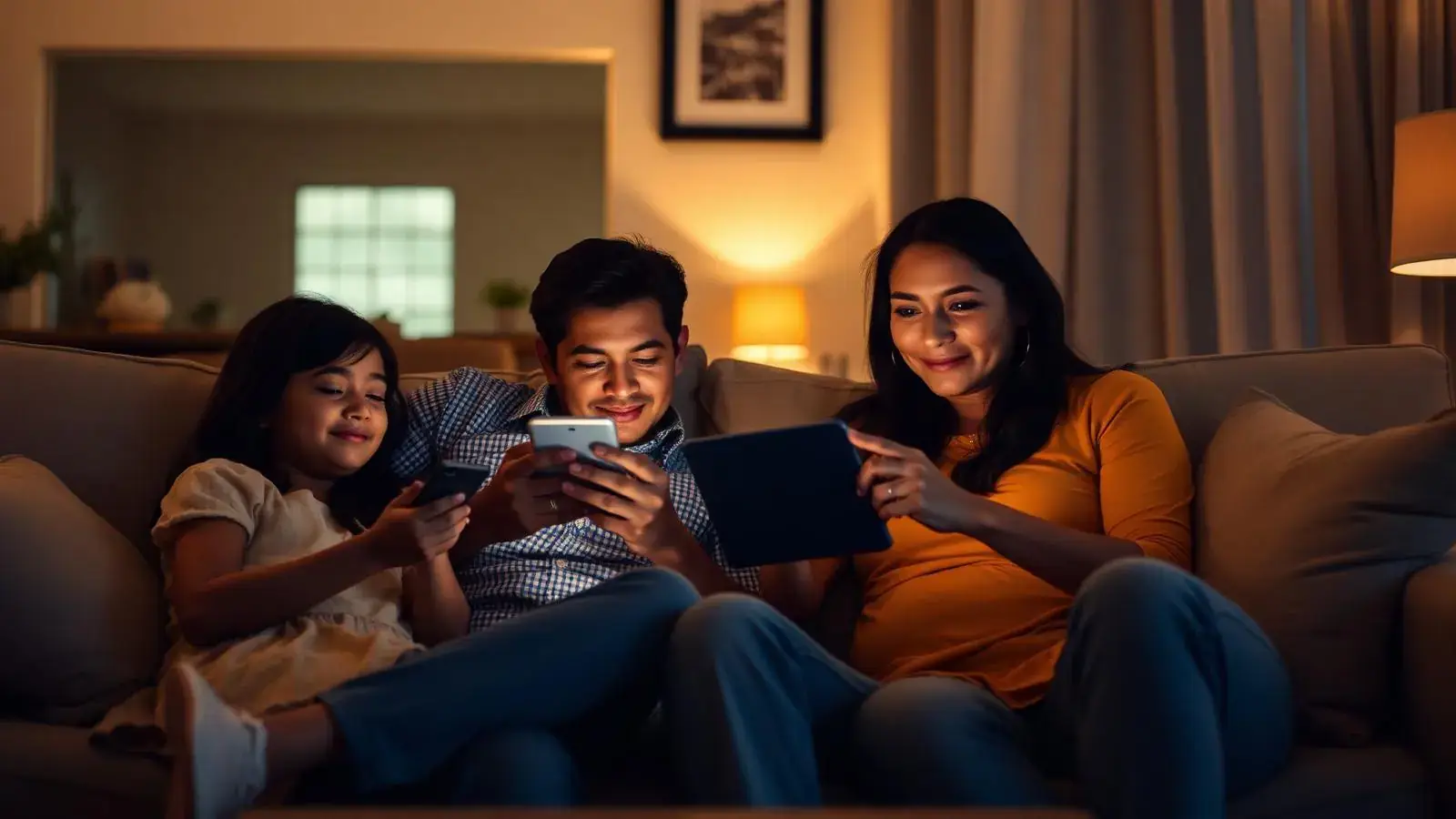 Familia conectada en sala