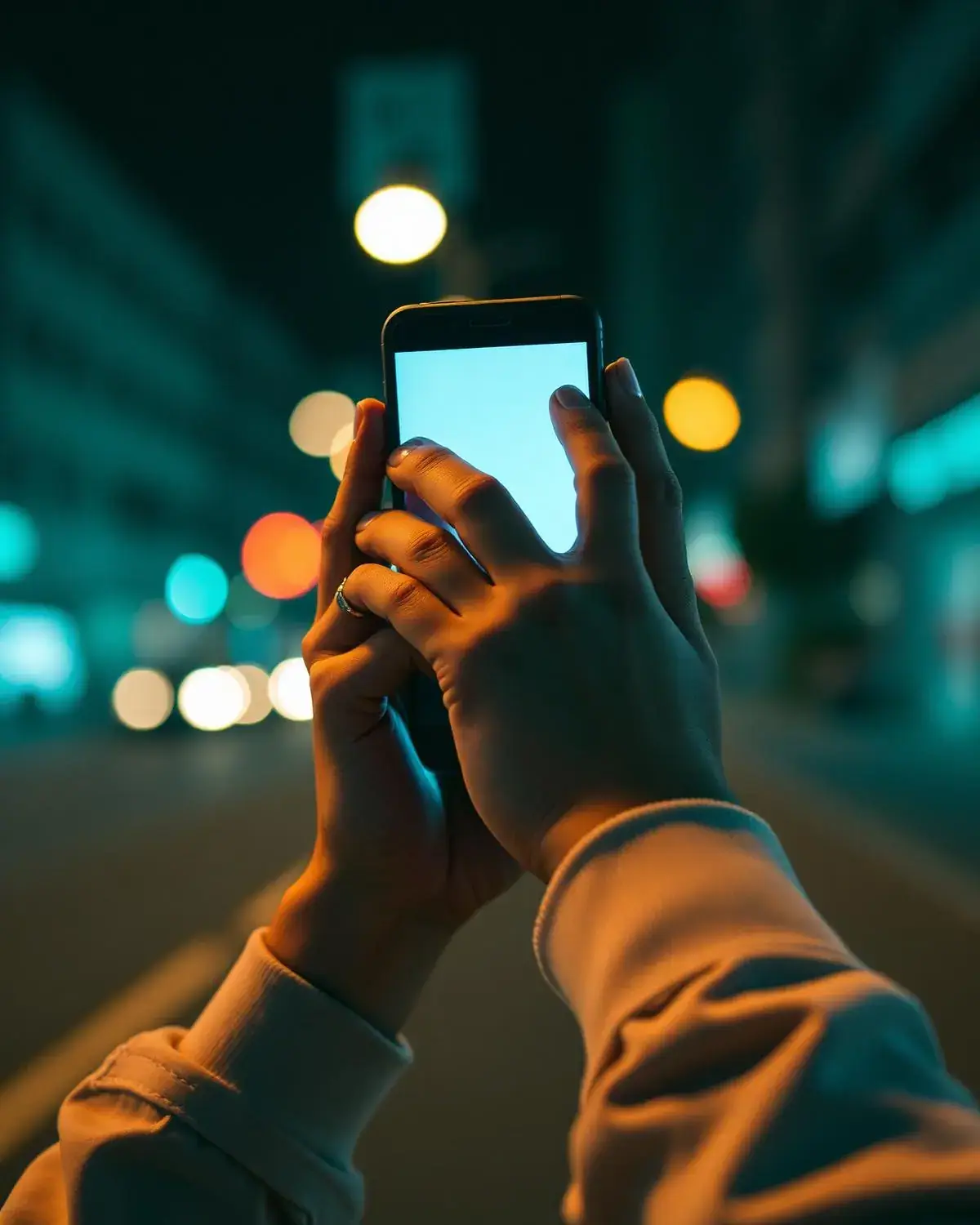 Mano sosteniendo smartphone de noche